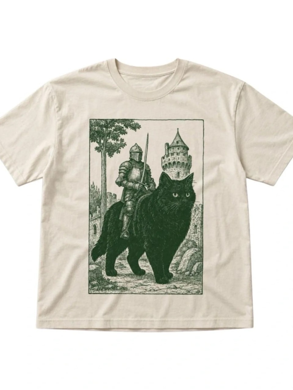 Cream Tee with Dark Green Knight-on-Cat Graphic
